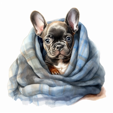 french bulldog puppy wrapped in a blanket, watercolor illustration, clipart, full body, hyper-realistic animal illustration, childlike, free brushwork, white background
