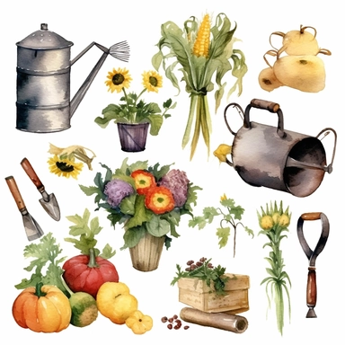watercolor garden tools,Country farm gardening,Farmhouse decor clipart,vegetable,flower,Vintage rusty element. clip art