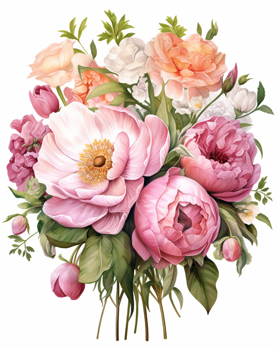 vibrant watercolor big pink peony boquet, realistic, clipart - Clip Art ...