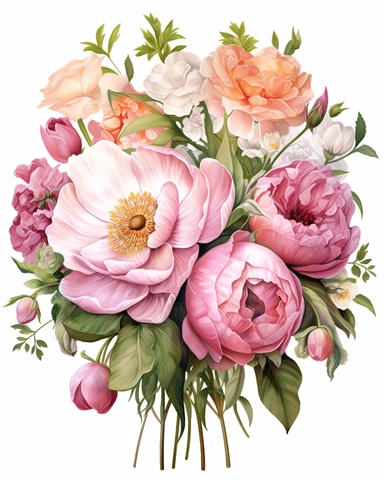 vibrant watercolor big pink peony boquet, realistic, clipart