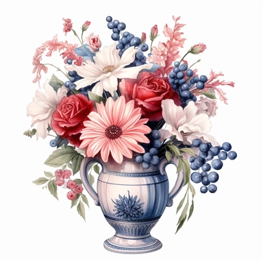 pastel red white blue color vintage wedding floral bouquet in a vase clipart