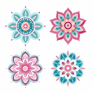 simple mandala collection，flat illustration，pink and light blue，flower power，vector，clipart style，white background，8k