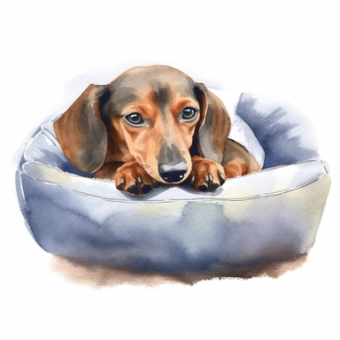 watercolor clipart image, dachshund laying down in a dog bed, white background