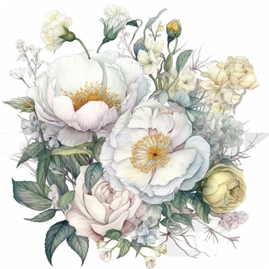 Bouguet of flowers peony white colour, Open Wide,a bouquet with a few peonies clipart with white background, unimaginable beauty,white with little pink details in the centre of the bloom,An illustration clipart painted by ann buccarelli, watercolour, combo pale colours, insanely detailed, on white background, amazing colour combo, with detailed watercolor bloom, white/ ivory/gold/ green, bec winnel, intricately textured, close up, walter Langley, lucy grossmith, heavy impasto technique, detailed