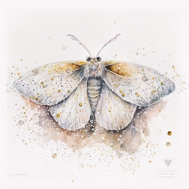 A white moth, on a bed of glitter, white, gold, glitter, fantasy, realistic illustration, watercolor, by Dinara Mirtalipova, by Disney, bright and airy Colors, concept art, white background , clipart