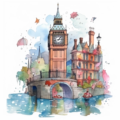 Very very cute and Whimsical quirky houses, London, Big Ben, Thames River, rainy day, Watercolored illustration in the style of Michael Powell, clipart, white background