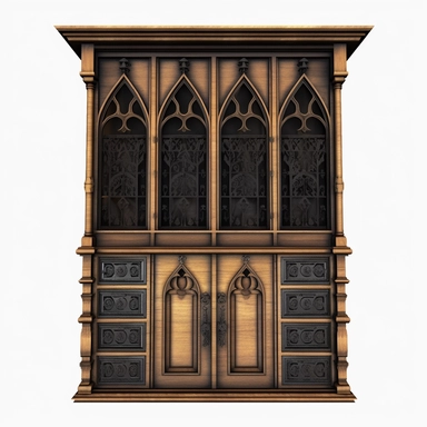 a Gothic square open cabinet with many drawers inside and a locked door in the middle, clipart, clear background, 4K, high quality, high details