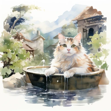 Domestic Shorthair cat happily soaking in the famous open-air hot spring in Niigata, Japan, Clipart Watercolor By Yuzo Komori. clean line, white background, spaced out