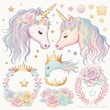 a collection of 3 rainbow pastel unicorn, princess tiara, rainbow, gold star, pink star, hearts, flowers, roses, plastercine, soft watercolour light, clipart svg white background