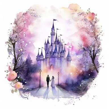 light watercolor tall castle and beauty couple in the moonlight in beautiful forest with bridges, roses, flowers,and lights realistic clipart on white background