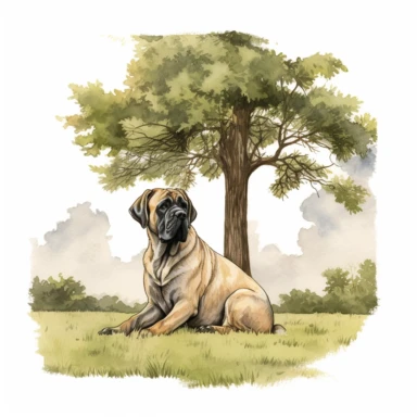 An outdoor scene depicting an English Mastiff enjoying a peaceful day in nature, perhaps lying under a shady tree or exploring a grassy field, showcasing the breed's love for outdoor activities and its gentle nature, with a white background and watercolor clipart.