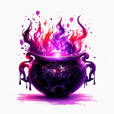 A clipart of a black cauldron with a glowing fire underneath, symbolizing the heart of a witch's magical practices, surrounded by swirling purple energy, gothic, fantasy, white background, watercolor, high resolution, gradiant, 8k