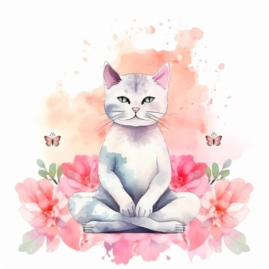 cute cat doing yoga exercise, yoga lotus flower background, watercolour clip art