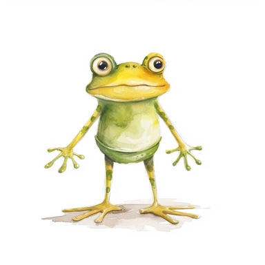 green frog with long arms and legs, cartoon style, simple style, watercolor, frog clipart, with yellow skirt, and white shirt, childrens book illustration style, white background