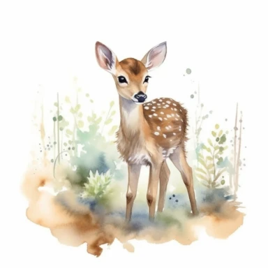 Imagine a captivating watercolor clipart masterpiece showcasing the innocent and irresistible cuteness of a deer with large horns exploring a lush forest, full body character. The illustration should embody the soft and subtle nature of a pastel watercolor style, ensuring every minute detail of the deer's features and the surrounding foliage is brought to life with crystal-clear high focus. To accentuate the illustration's beauty, please provide a very high-quality ultra HD 16K image on a solid 