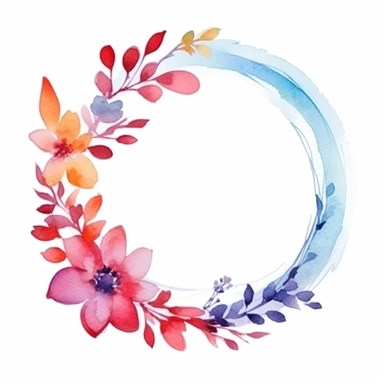 flower border in a circle pattern, one per page, watercolor clipart, minimalist, bright colors, isolated on a white background,