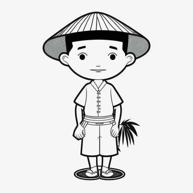 a boy, simple, traditional costume, local food, and animal,educational, history, and cultural diversity, clipart style, cute, picture book style, captivating, kid friendly cute character, black and white, coloring book, not color style, cartoon style, vector image, simple, line art style, character, white background
