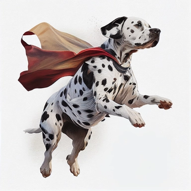 dalmation jumping in mid air wearing a cape, watercolor clipart, white background, no text or logos,