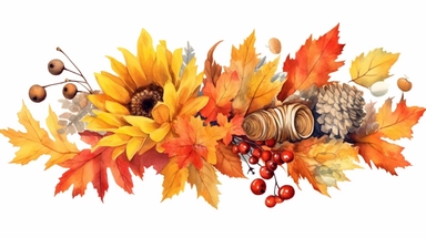 Watercolor fall illustration. Autumn leaves, sunflower bouquet, maple leaf, rowan berries, oak leaf, acorn, mushrooms arragement. Thanksgiving clipart