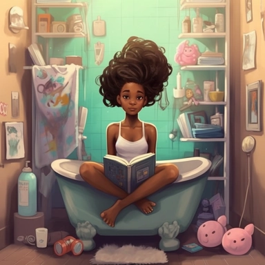 african american teenager girls stuck in a bathtub with books in the white house bathroom in the style of dr. seuss with a simple pastel color palette clip art--ar 10:8