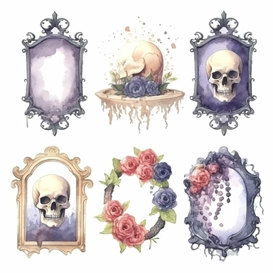 Vintage geometric frames set. Grave stone design decorated with skulls, cross and flowers. Casket clip art isolated on white background. Halloween festive ornaments. Spiritual elements clip art. Watercolour