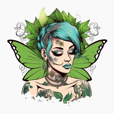 green ganja lady with elf ears and with fairy wings on her back and facial tattoos wearing a black spike colar choker with around her neck clipart minimal