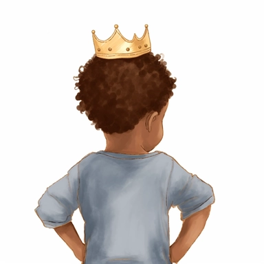 brown-skinned toddler boy wearing jean shirt, with a gold crown, afro hair, backview, soft illustration, minimalist art, clipart, faceless