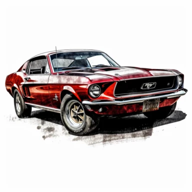 Rev up the engines of nostalgia with a classic American muscle car clipart composed in large ink blocks featuring a sleek Ford Mustang in vibrant red. In HD on a white background.