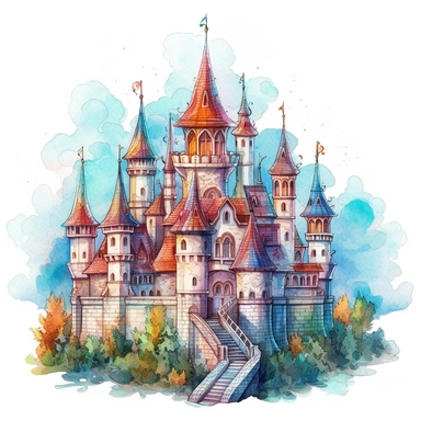 watercolor clipart of a fairytale magic castle, colored pencil drawing, isometric, isolated white background, rendered in 26k
