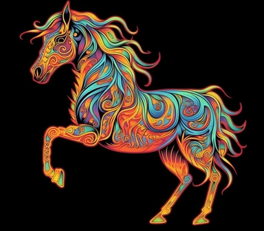 6 tattoo art style adorable unicorn, black defined outlines, high details, clipart, hd, isolated on black background, spaced out, vibrant rainbow colors