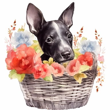 clipart watercolor, very cute black Bull Terrier puppy, sitting in a basket with flowers, full body, childlike, free brushwork, white background, high solution