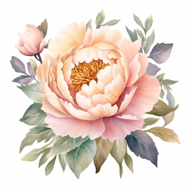 Dreamy pastel peony clipart against a pristine white background. The illustration features a whimsical pastel peony with layers of delicate petals and rich green foliage. The color palette includes soft shades of pink, peach, and mint green. The white background creates a fresh and contemporary setting, accentuating the peony's ethereal beauty. The lighting is soft and diffused, enhancing the flower's dreamlike qualities. The atmosphere exudes a sense of enchantment and elegance.