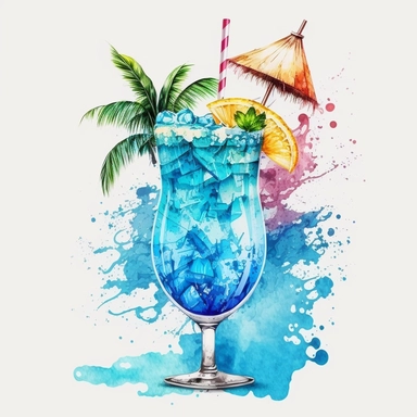 Cocktail Clipart, blue hawaiian, watercolour style, white background, no text in PNG file