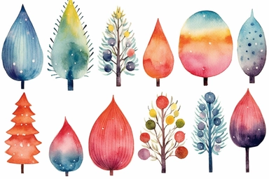 christmas tree and ornaments clipart graphics, in the style of whimsical watercolor, ornamental