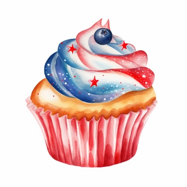 isometric illumination of a ultra - realistic watercolor clipart of cupcake with high frosting covered in hearts and stars in usa patriotic colors, isolated, aesthetic, good looking food, delicious, yummy, foodie, healthy white background no text, isolated on white, watercolor illustration, strong and sharp line