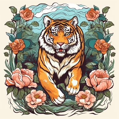 A retro illustration of prowling tiger surrounded with flowers and art nouveau details, professional clipart, beautiful summer color palette, inspired by sailor jerry tattoos, epic composition on white background, 8k,