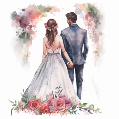 watercolor the middle of the couple New with arms around in the park back view Bridal veil with Dahlias flowers and leaves adorning her hair. hair up with flowers vividly bold designs png realistic cartoon in 32K UHD cute. 15 cm thick outline. Black color. There was no shadow on the ground. 8k with realistic watercolors. and detailed illustrations. PNG clipart, transparent white background