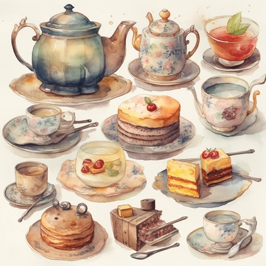 Watercolor vintage tea party items, illustrations clipart set, simple, soft colors, cartoon elements, different variants, teapot, sugar bowl, bun, jug of milk, cake stand, scones, china cup and saucer, , napkin, clotted cream, , knife, fork, jam, slice of cake on plate, tea cups, stacked teacups, lemondish, butter and bisciuits, , tea jars, knie, fork, spoon, butter, , silver sncream cak, napkin, separate elements with a margin
