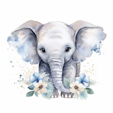 realistic floral baby elephant watercolor clipart, white background
