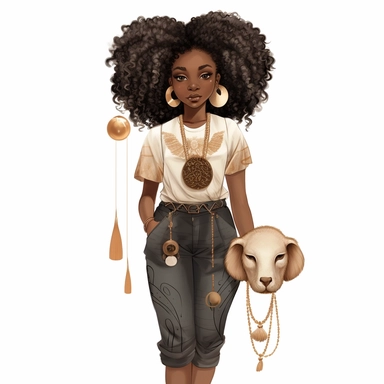 little Black girl fashion illustration clipart, inspired by Capricorn zodiac high resolution formant, png file, background transformation