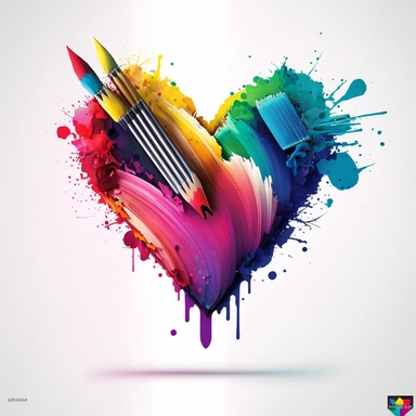graphic clipart design, theme is “where the art is,” feature paintbrushes colored pencils paint palette, watercolor, flowing bold colors that make the shape of a heart, double exposure, hyper realistic, wide angle, depth of field, centered and isolated on a white background, 8k, logo