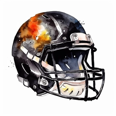 detailed watercolor football helmet , wide angle, long shot, realistic, isolated on white background, clipart