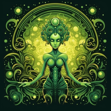 full body, Green skinned alien female, Antenae on her head, large alien shaped eyes, alien planet, bioluminescent objects, artistic clipart border, planets, stars, alien foliage, UFO in the background, artistic vector border, decorative border, solar system, planets, stars