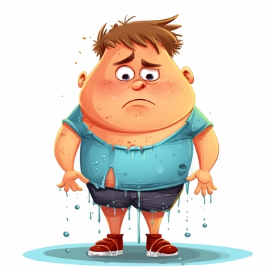 cartoon clipart funny style of very overweight 5 year old boy in dirty clothes.