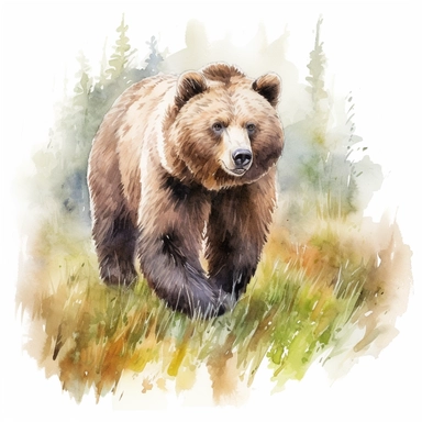 a detailed watercolor painting of a Grizzly Bear in the wild, clipart, white background