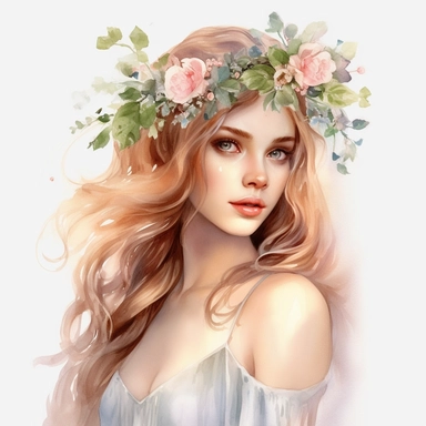 princess with dewy eyes, watercolour clipart, fantasy realistic illustration, trailing flowers, transparent background, uhd, realistic, ethereal style