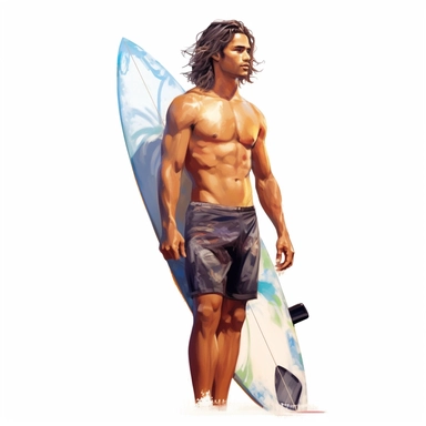 beautiful stunning hawaiian surfer young man , paint art style, clipart, white background, superrealistic, one of a kind