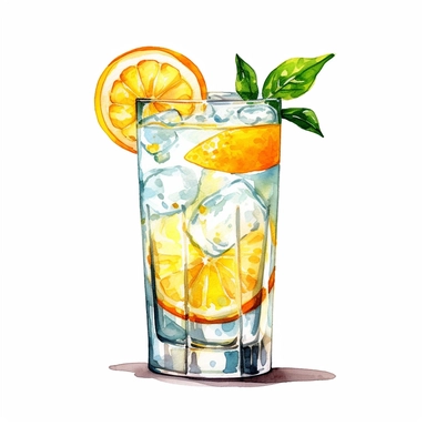 tom Collins watercolor cocktail, realistic clipart, white background
