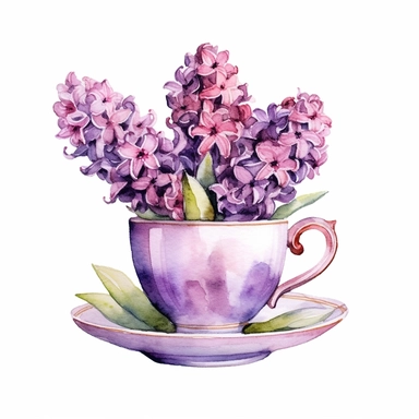 watercolor painting, purple hyacinths in teacup clipart, beautiful teacup clip art, fancy teacup, delicate little teacup, victorian