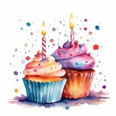 watercolor clipart, cupcakes with candle, white background